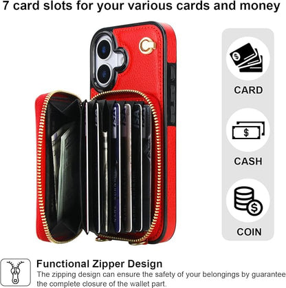 Bocasal Crossbody Wallet Case for iPhone 17, RFID Blocking Leather Purse Case with Card Holder, Protective Handbag Flip Cover with Zipper Wrist Strap Lanyard for Women 5G 6.3 Inch (Red)