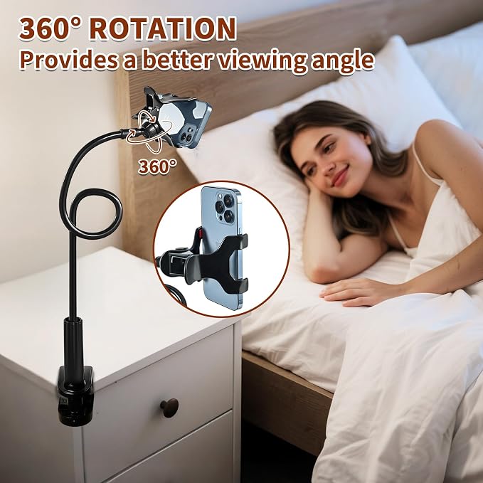 Gooseneck Phone Clamp Mount for Bed, 360° Flexible Arm, Heavy Duty & Stable, Anti-Slip Silicone Grip, Universal for 4–7" Smartphones, Compatible with iPhone 15/14/13 Pro Max, Samsung Galaxy S23/S22