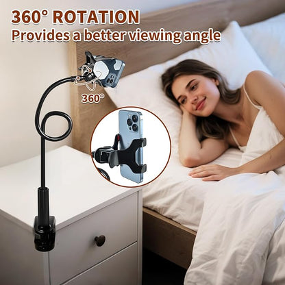 Gooseneck Phone Clamp Mount for Bed, 360° Flexible Arm, Heavy Duty & Stable, Anti-Slip Silicone Grip, Universal for 4–7" Smartphones, Compatible with iPhone 15/14/13 Pro Max, Samsung Galaxy S23/S22
