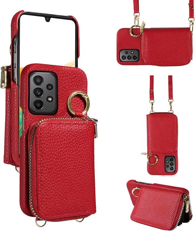 Wallet Case for Samsung Galaxy A33 5G with Shoulder Strap Ring Buckle, Luxury PU Leather Zipper Flip Organ Purse Credit Card Holder Stand Full Body Cell Phone Cover for A 33 33A Women Men Red