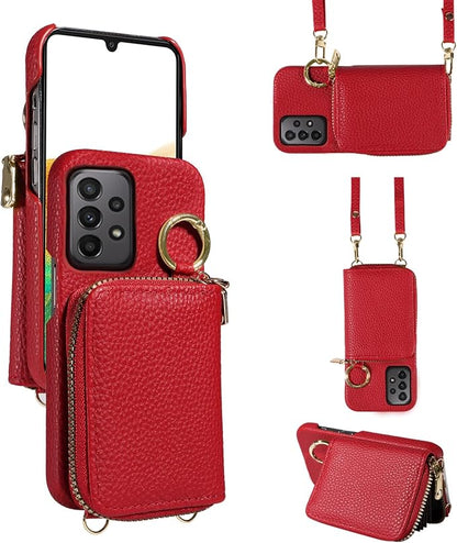 Wallet Case for Samsung Galaxy A33 5G with Shoulder Strap Ring Buckle, Luxury PU Leather Zipper Flip Organ Purse Credit Card Holder Stand Full Body Cell Phone Cover for A 33 33A Women Men Red