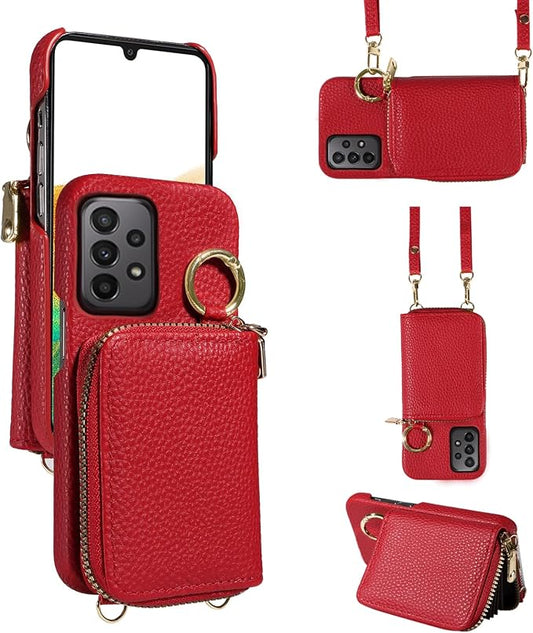 Wallet Case for Samsung Galaxy A33 5G with Shoulder Strap Ring Buckle, Luxury PU Leather Zipper Flip Organ Purse Credit Card Holder Stand Full Body Cell Phone Cover for A 33 33A Women Men Red
