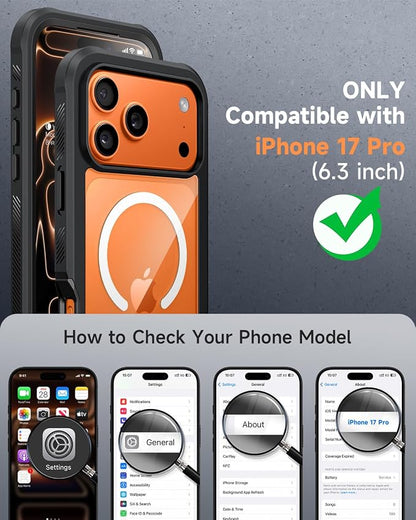 seacosmo for iPhone 17 Pro Case, Full Body Bumper with Built-in 9H Tempered Glass Screen and Camera Lens Protector, Compatible with MagSafe, Shockproof 17 Pro Phone Case, 6.3", Black