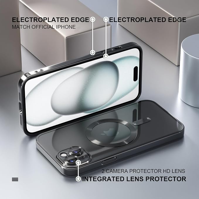 Misea Magnetic for iPhone 15 Case Compatible with MagSafe [Never Yellowing] [Military Grade Drop Protection] Full Camera Lens Protector Plating Soft Clear Phone Case for Women, Black