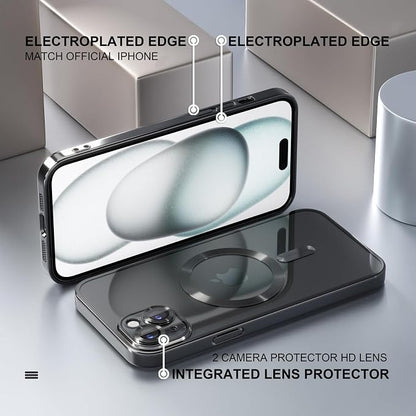 Misea Magnetic for iPhone 15 Case Compatible with MagSafe [Never Yellowing] [Military Grade Drop Protection] Full Camera Lens Protector Plating Soft Clear Phone Case for Women, Black
