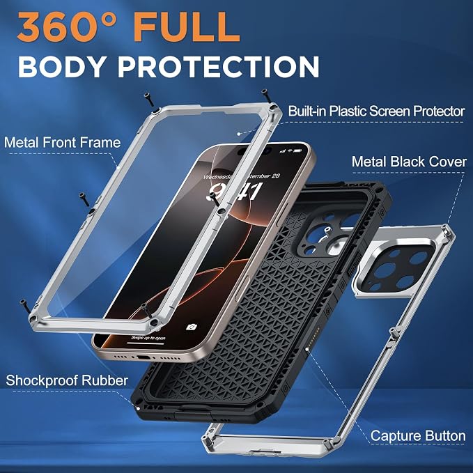 Beasyjoy for iPhone 16 Pro Max Case Waterproof, Metal Heavy Duty Full Body Protective Case with Built-in Screen Protector, Military Grade Shockproof Defender Cover for iPhone 16 Pro Max 6.9", Silver