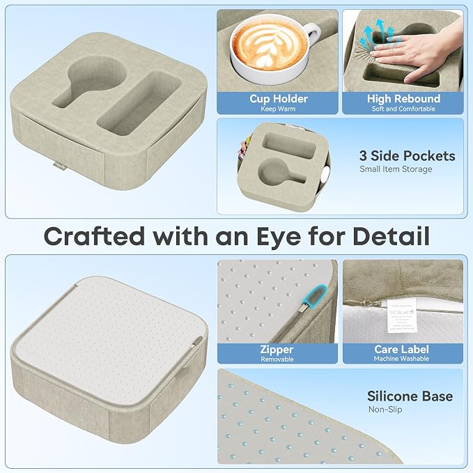 Couch Cup Holder Pillow, Couch Caddy for Drink, Snack, Phone, Remote, Game Controller, Removable and Washable Cup Cozy Pillow, Small Sofa Cup Holder Tray for Bed, Car, Desk, Sofa, Khaki