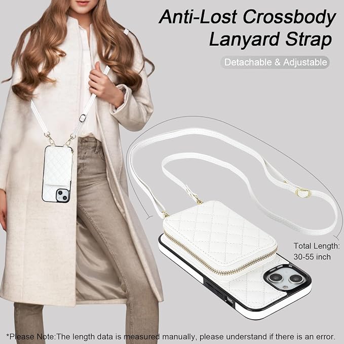 Bocasal Crossbody Wallet Case for iPhone 14, RFID Blocking PU Leather Zipper Handbag Purse Flip Cover, Kickstand Folio Case with Card Slots Holder Wrist Strap Lanyard 5G 6.1 Inch (White)