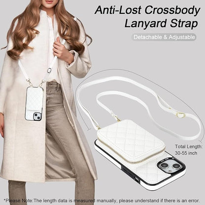 Bocasal Crossbody Wallet Case for iPhone 14, RFID Blocking PU Leather Zipper Handbag Purse Flip Cover, Kickstand Folio Case with Card Slots Holder Wrist Strap Lanyard 5G 6.1 Inch (White)