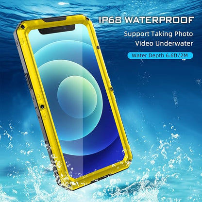 Mitywah Waterproof Case for iPhone 12, Heavy Duty Shockproof Case with Built-in Screen Protector, Full Body Underwater Protective Metal Case 6.1 inch, Yellow