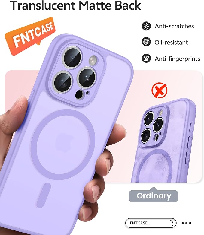 FNTCASE for iPhone 15 Pro Case: [Compatible with Magsafe] Translucent Matte Cases with [Full Camera Protection] [Screen Protector] Military Grade Shockproof Protective Phone Cover - Light Purple