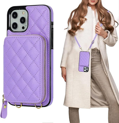 Bocasal Crossbody Wallet Case for iPhone 12 Pro Max, RFID Blocking PU Leather Zipper Handbag Purse Flip Cover, Kickstand Folio Case with Card Slots Holder Wrist Strap Lanyard 5G 6.7 Inch (Purple)