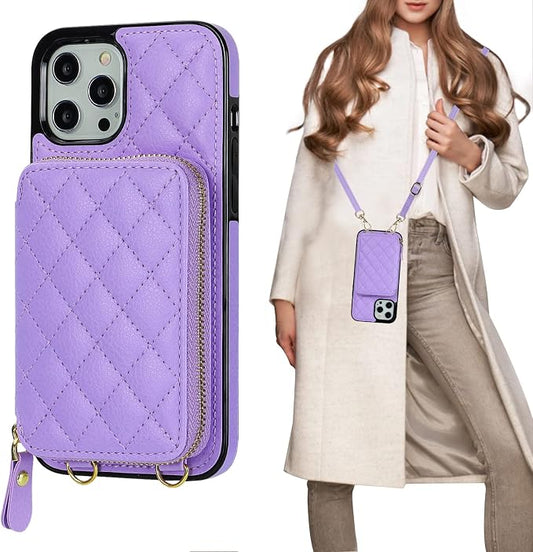 Bocasal Crossbody Wallet Case for iPhone 12 Pro Max, RFID Blocking PU Leather Zipper Handbag Purse Flip Cover, Kickstand Folio Case with Card Slots Holder Wrist Strap Lanyard 5G 6.7 Inch (Purple)