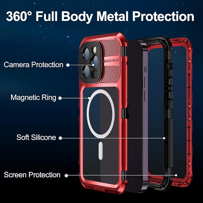 WIFORT for iPhone 14 Pro Max Waterproof Case - Metal Shockproof Phone Case Built-in Screen Protector [IP68 Water Proof][14FT Military Grade ], Heavy Duty Full Body Drop Protection Cover, 6.7" Red