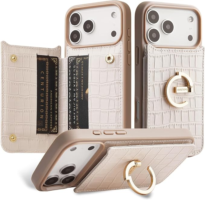 CUSTYPE Compatible with iPhone 17 Pro Max Wallet Case with Card Holder,180°Ring Holder Kickstand Card Slots Case,PU Leather Protective Case for iPhone 17 Pro Max 6.9inch-Beige