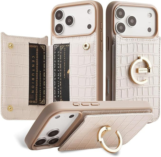 CUSTYPE Compatible with iPhone 17 Pro Max Wallet Case with Card Holder,180°Ring Holder Kickstand Card Slots Case,PU Leather Protective Case for iPhone 17 Pro Max 6.9inch-Beige