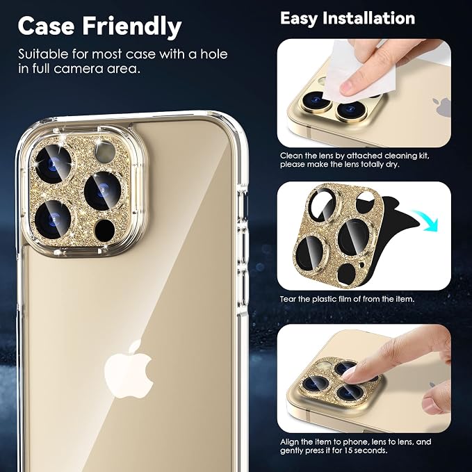 CloudValley for iPhone 14 Pro/iPhone 14 Pro Max Glitter Camera Lens Protector, 9H Tempered Glass [All in 1 Design], Case Friendly Anti-Scatch High Definition, GlitterGold