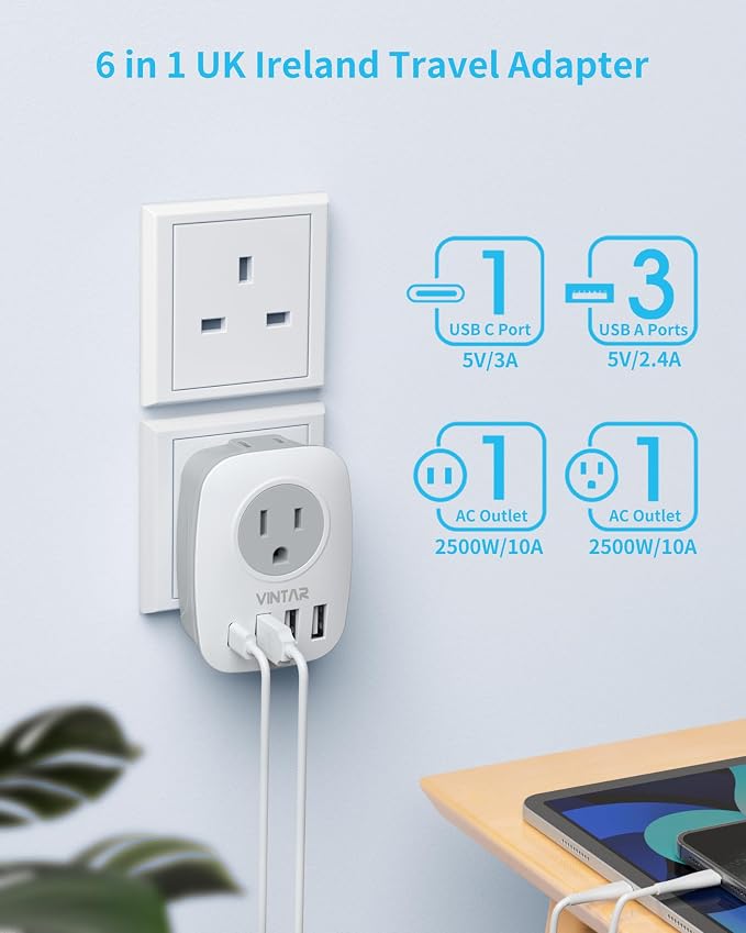 US to UK Ireland Travel Plug Adapter 2 Pack, VINTAR Type G Plug Adapter with 2 Outlets 4 USB Ports(1 USB-C), UK Power Adaptor for USA to England Scotland Dubai Hong Kong British Kenya London