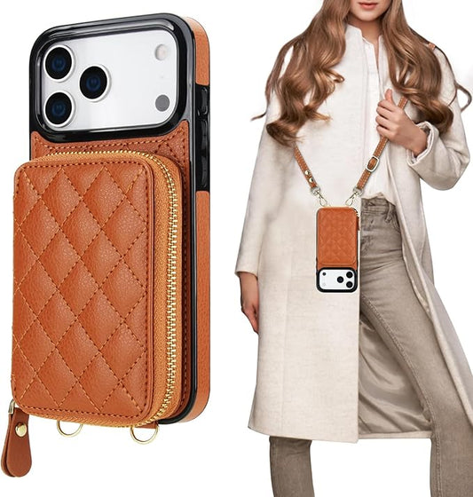 Bocasal Crossbody Wallet Case for iPhone 17 Pro Max, RFID Blocking PU Leather Zipper Handbag Purse Flip Cover, Kickstand Folio Case with Card Slots Holder Wrist Strap Lanyard 5G 6.9 Inch (Brown)