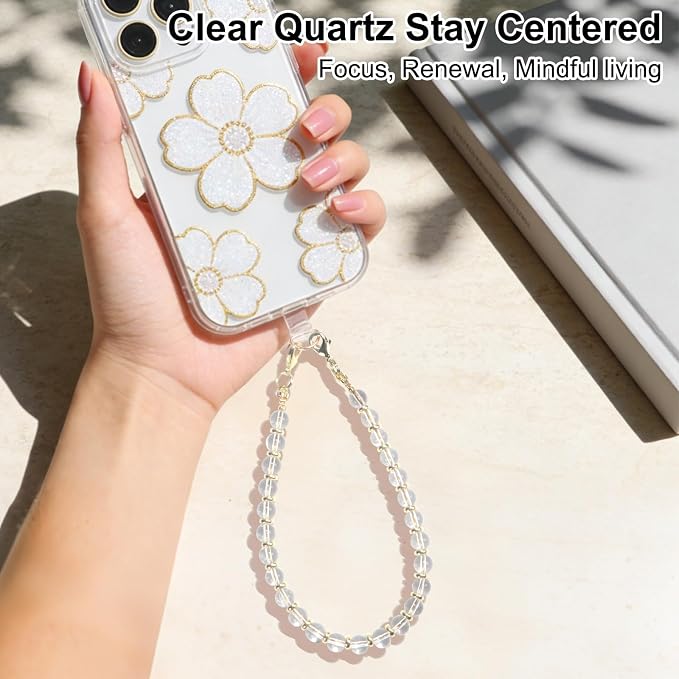 TEAMOLA Natural Stone Phone Charm, Handmade Crystal Cellphone Chain for Universal, Beaded Healing Anti Theft Phone Wrist Strap with Tether Tab, Clear Quartz