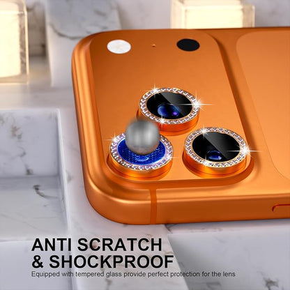 Choiche Compatible for iPhone 17 Pro/iPhone 17 Pro Max Camera Lens Protector Bling, 9H Tempered Glass Camera Cover Screen Protector Metal Ring Decoration Accessories (Diamond-Orange)