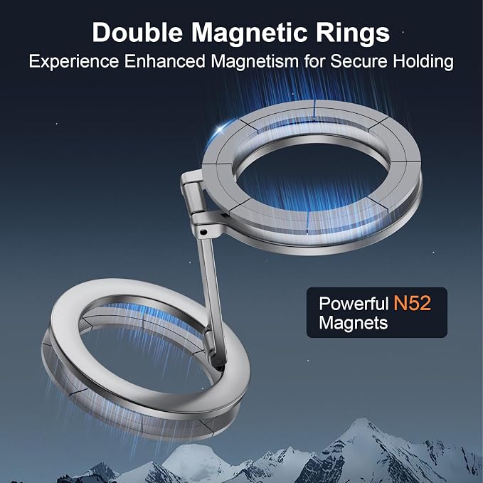 Double Magnetic Phone Grip Holder for MagSafe, Portable Phone Stand for Gym Removable Magnetic Ring Kickstand for iPhone 17 16e 16 15 14 13 12 Pro Max Series MagSafe Case, Attach to Any Iron Surface