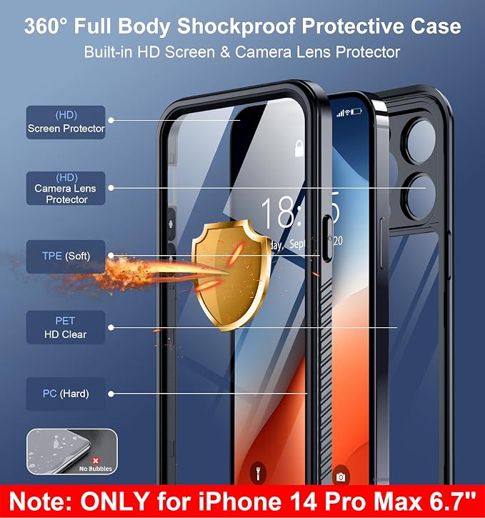 SPIDERCASE Only Designed for iPhone 14 Pro Max Case Waterproof [12FT Military Dropproof] [Built-in Screen Protector] [IP68 Underwater] Full Body Shockproof Protective Phone Case 6.7'' 2022, Black