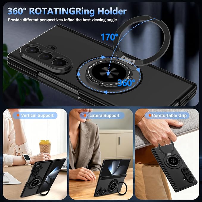 Hekodonk for Galaxy Z Fold 8 Ultra Case with 360 Rotatable Stand,[Compatible with MagSafe][Front Screen Protector],Magnetic Ring Holder with Hinge Protective Case for Samsung Z Fold 8 Ultra,All Black
