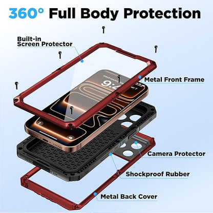Beasyjoy for iPhone 17 Pro Max Case Waterproof, Heavy Duty Metal Case with Built-in Screen Protector, Full Body Rugged Military Grade Shockproof Dustproof Cover for Construction Outdoor 6.9", Red