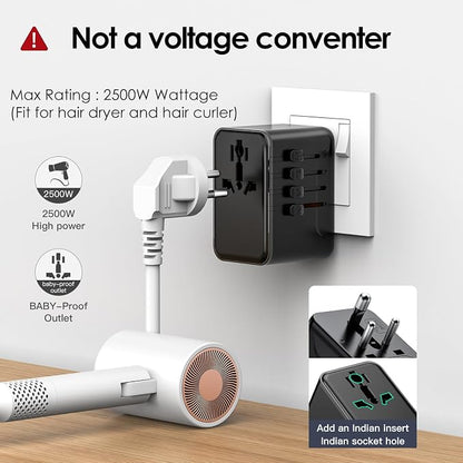 JMFONE Universal Travel Adapter with Type D Plug(India & Most Africa), International Travel Adapter with 3 USB-C & 2 USB-A, 30W Fast Charging 2500W AC Outlet, Travel Plug Adapter for 200+ Countries