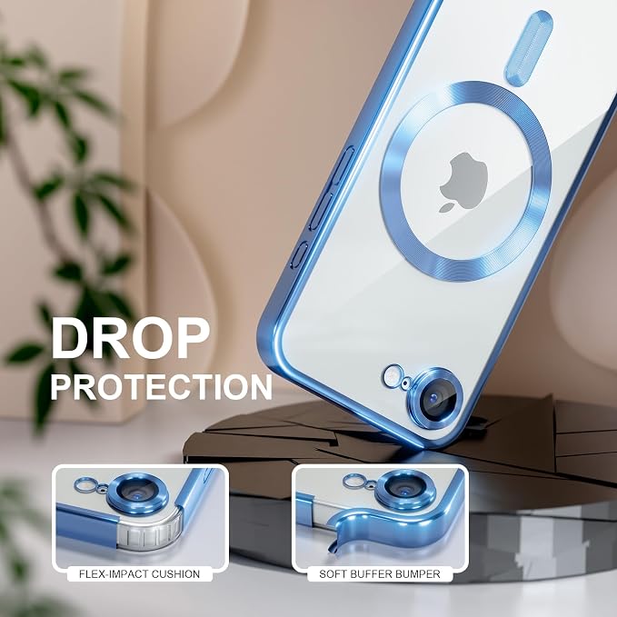 Misea Magnetic for iPhone 17e / 16e Case Compatible with MagSafe [Never Yellowing] [Military Grade Drop Protection] Full Camera Lens Protector Plating Soft Clear Phone Case for Women 6.1", Sierra Blue