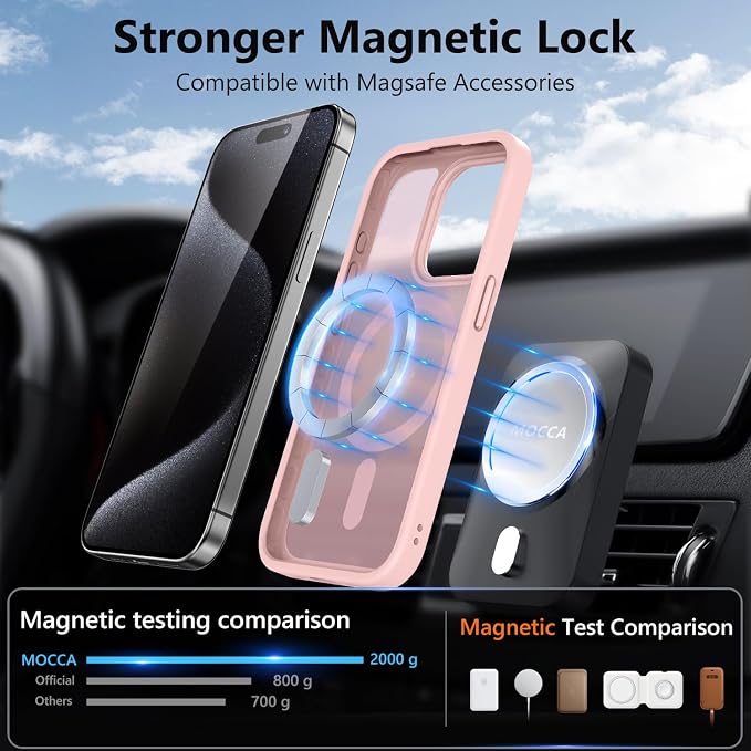 MOCCA Strong Magnetic for iPhone 15 Pro Case, [Compatible with Magsafe][13FT Military Drop Protection] Slim Translucent Matte Shockproof Case for iPhone 15 Pro Phone Case 6.1'', Pink