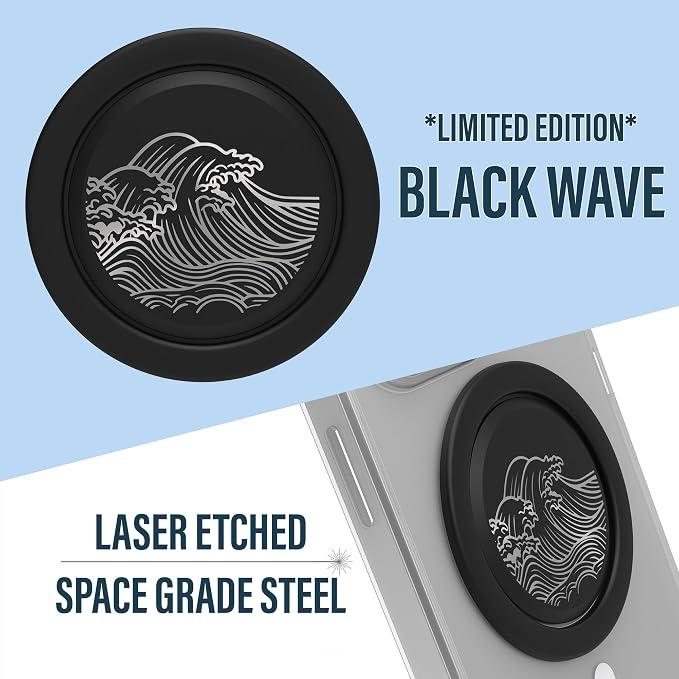 Tango Ultra Thin Grip for MagSafe: One Hand Open, Stand, 10x Expandable, Space Grade Steel, Removable for Wireless Charging. Half The Thickness, Twice The Fidget - Limited Edition: Black Wave