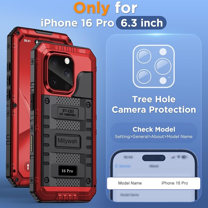 Mitywah Waterproof Case for iPhone 16 Pro, Shockproof Heavy Duty Case with Built-in Screen Protector, Underwater Full Body Protective Metal Case 6.3 inch, Red