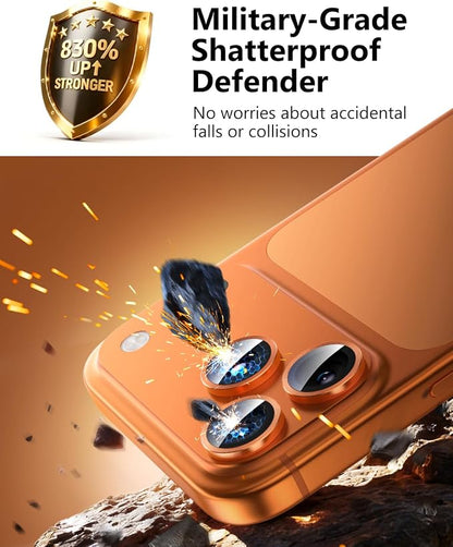 EZ-GLAZ-Camera Lens Protector for iPhone 17/16/15/14 Pro & Pro Max Series, with Aerospace-Grade Aluminum Alloy Ring, 1:1 Invisible Fit & Ultra-Clear, Military-Grade 9H+ Glass, Cosmic Orange
