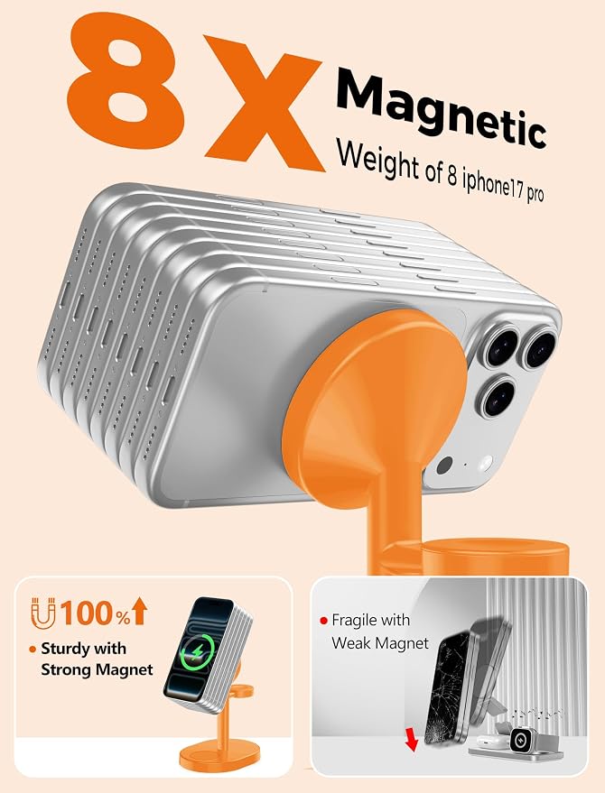 2026 3 in 1 Wireless Charging Station for Apple MagSafe Charger, 15W Fast Magnetic Mag-Safe Charger Stand for iPhone 17 16 15 14 13 12 Apple Watch AirPods Series, Orange