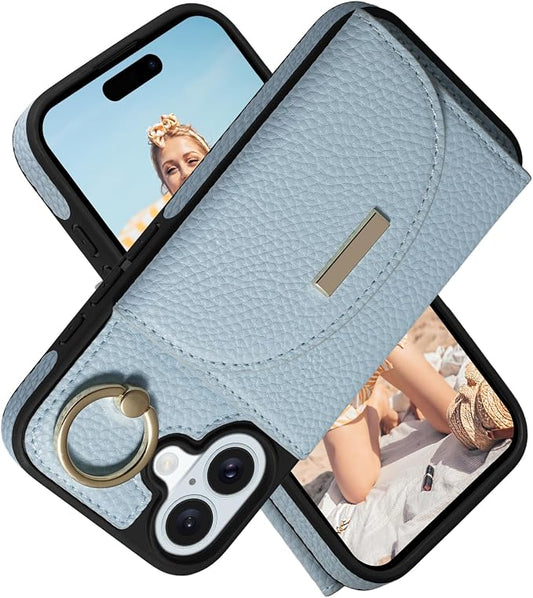 Keallce Wallet Case for iPhone 16 Plus 6.7'', Flip Case with Card Slots, Ring Holder Kickstand, PU Leather Protective Folio Cover for Women, Blue