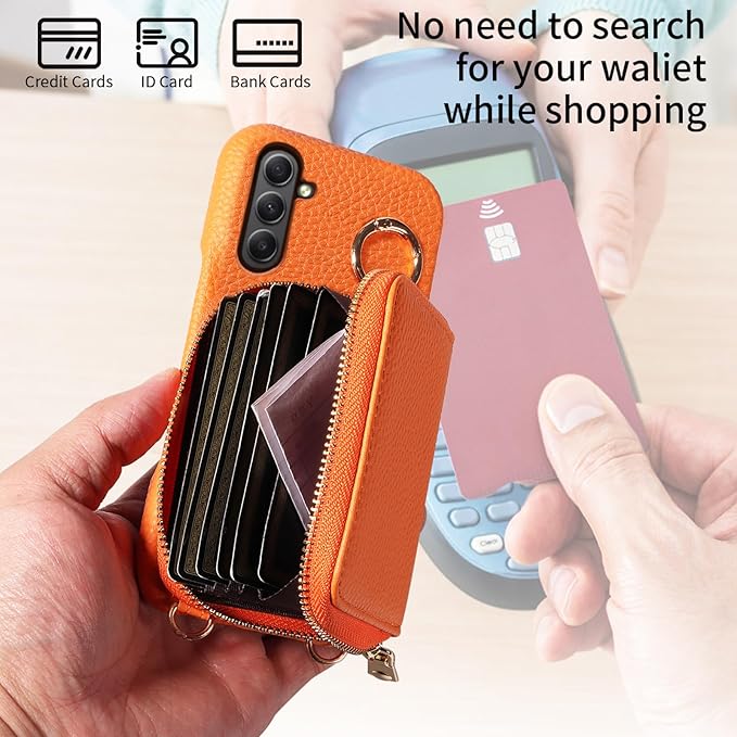 Wallet Case for Samsung Galaxy A34 5G with Shoulder Strap Ring Buckle, Luxury PU Leather Zipper Flip Organ Purse Credit Card Holder Stand Full Body Cell Phone Cover for A 34 34A Women Orange