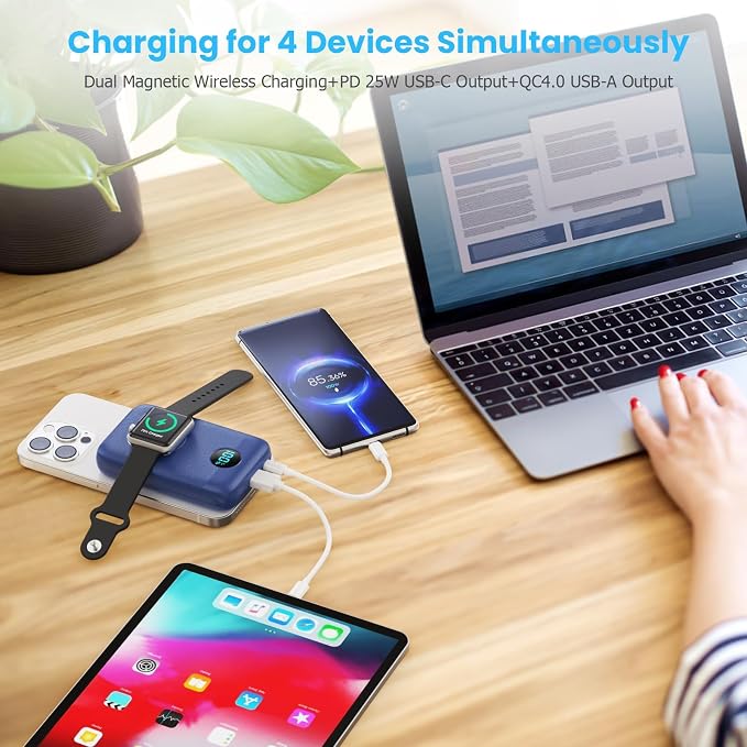 Magnetic Portable Charger with Apple-Watch Charger,10800mAh 25W PD Fast Charging Wireless Power Bank,4 Outputs Travel Essential Battery Pack for Magsafe,iPhone 17/17 Pro Max/16/15/14/13/12 All Series