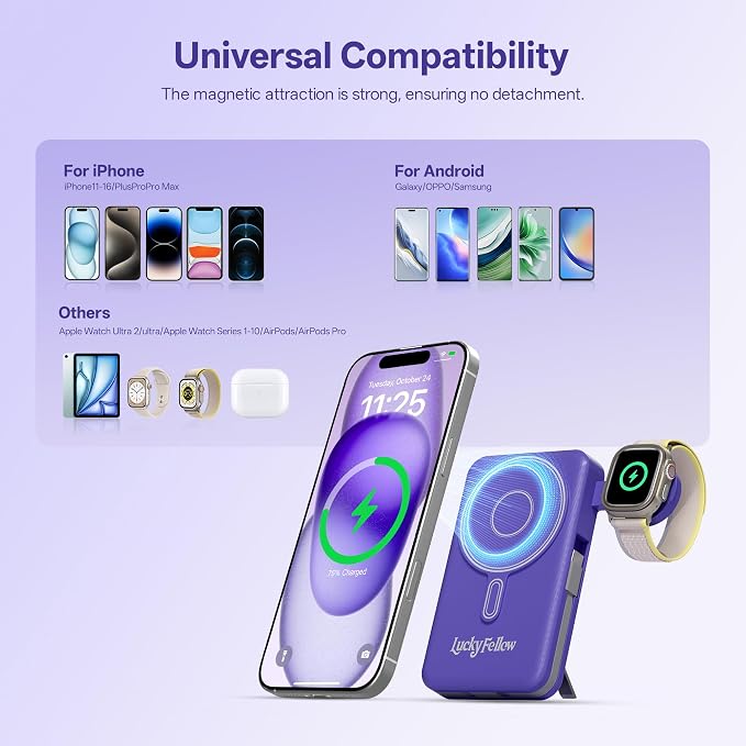 Magnetic Portable Charger Built-in Cables,10000mAh Fast Charging Wireless Charger Station External Battery Pack Slim Pocket Size Power Bank with Stand Compatible with iWatch, iPhone
