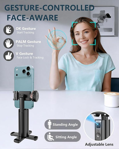 Auto-Tracking Phone Tripod, 360° Rotation Auto Face Tracking Tripod with Gesture & Remote Control, Cell Phone Tripod Stand for Recording, Universal 1/4-Inch Mount for Tripods/Selfie Sticks