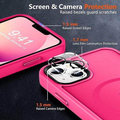 MOCCA Strong Magnetic for iPhone 13 Case, [Compatible with Magsafe][Screen Protector+Camera Lens Protector] Translucent Matte Back Slim Shockproof Case for iPhone 13 Phone Case 6.1", Hot Pink