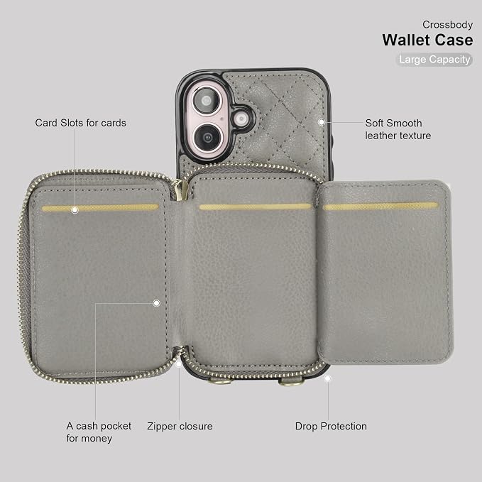 Bocasal Crossbody Wallet Case for iPhone 16, RFID Blocking PU Leather Zipper Handbag Purse Flip Cover, Kickstand Folio Case with Card Slots Holder Wrist Strap Lanyard 5G 6.1 Inch (Grey)
