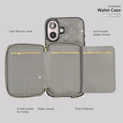 Bocasal Crossbody Wallet Case for iPhone 16, RFID Blocking PU Leather Zipper Handbag Purse Flip Cover, Kickstand Folio Case with Card Slots Holder Wrist Strap Lanyard 5G 6.1 Inch (Grey)