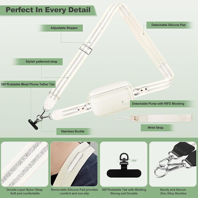 YFWE Clip and Go Strap for Phone with Wallet Crossbody, Adjustable Phone Lanyard with Detachable RFID Wristlet Wallet, Pattern Strap, Cream&Silver (M)