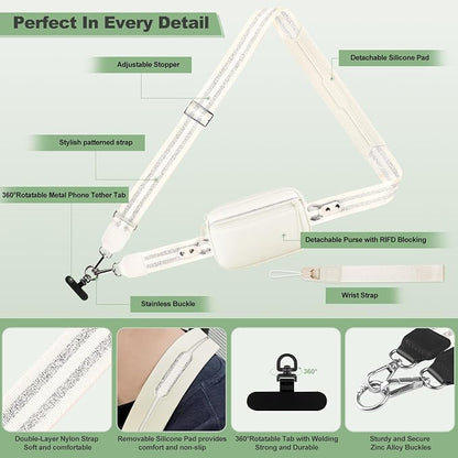 YFWE Clip and Go Strap for Phone with Wallet Crossbody, Adjustable Phone Lanyard with Detachable RFID Wristlet Wallet, Pattern Strap, Cream&Silver (M)