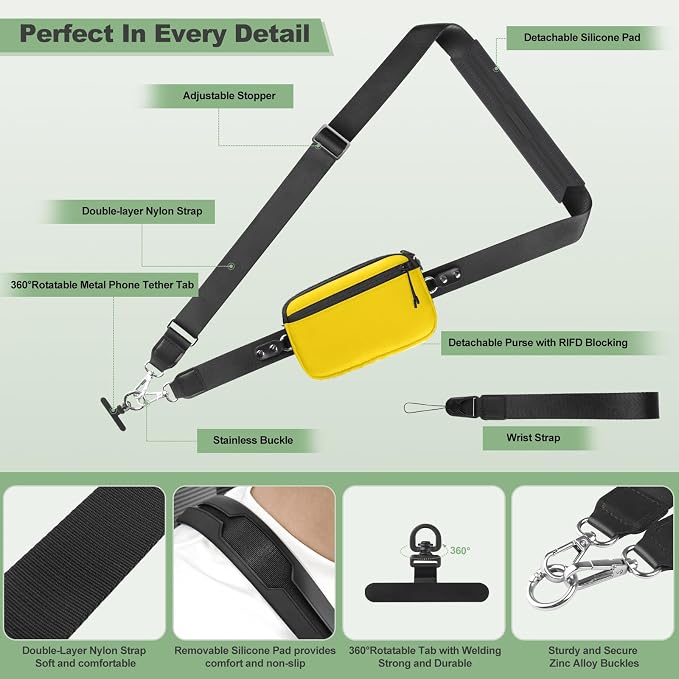 YFWE Clip and Go Strap for Phone with Wallet Crossbody, Adjustable Phone Lanyard with Detachable RFID Wristlet Wallet & Ultra-Thin 360° Rotatable Metal Tabs for All Smartphones (Yellow)