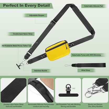 YFWE Clip and Go Strap for Phone with Wallet Crossbody, Adjustable Phone Lanyard with Detachable RFID Wristlet Wallet & Ultra-Thin 360° Rotatable Metal Tabs for All Smartphones (Yellow)