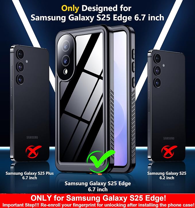 SPIDERCASE Only for Samsung Galaxy S25 Edge Case Waterproof, Built-in Screen & Camera Lens Protector[IP68] [Military Grade Shockproof] Full Protection Only for S25 Edge 6.7”, Black/Clear