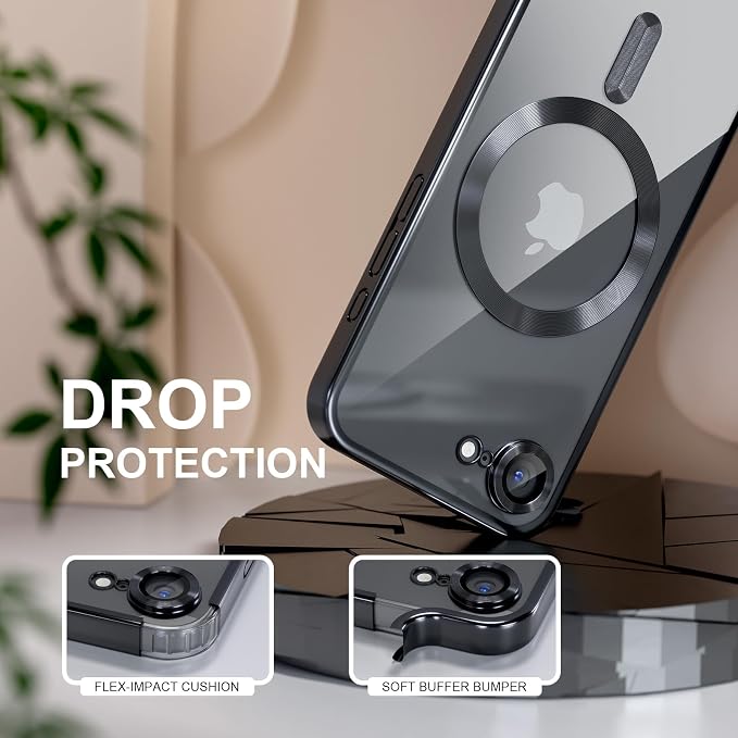 Misea Magnetic for iPhone 17e / 16e Case Compatible with MagSafe [Never Yellowing] [Military Grade Drop Protection] Full Camera Lens Protector Plating Soft Clear Phone Case for Women 6.1 inch, Black